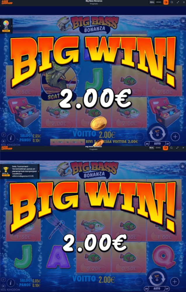 Kaksi kappaletta 2 euron voittoja Big Bass Bonanzasta.