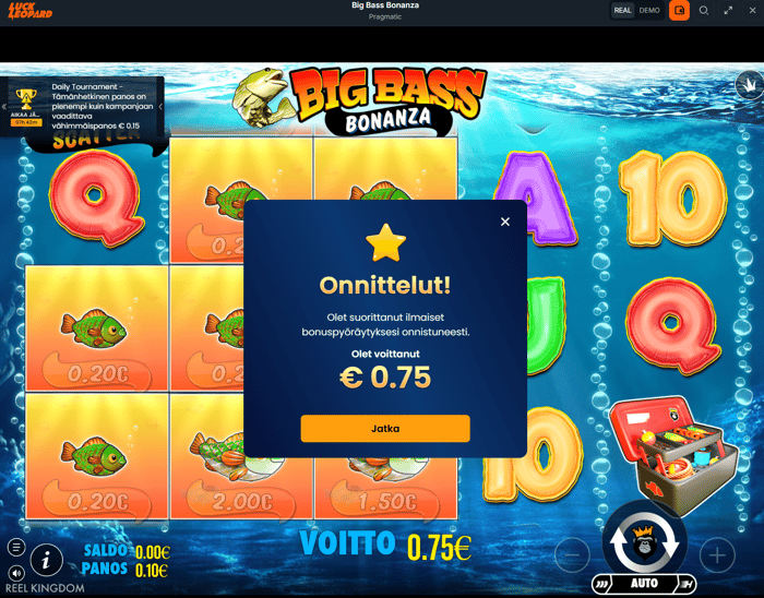 0,75 euron voitto Big Bass Bonanzasta.