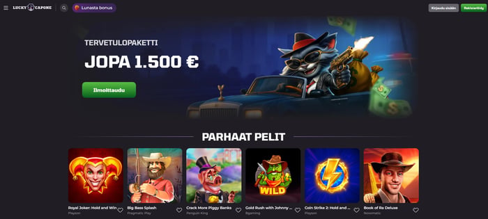 LuckyCapone Casino etusivu lupaa jopa 1500 € tervetulobonusta ja parhaat pelit.