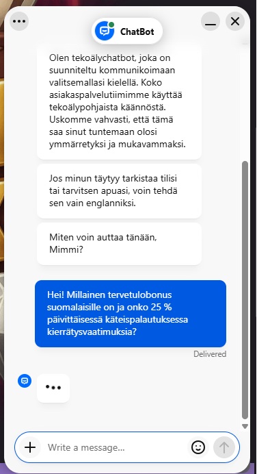 LuckyCapone Casinon livechatissa vastaa ainoastaan asiakaspalvelubotti.