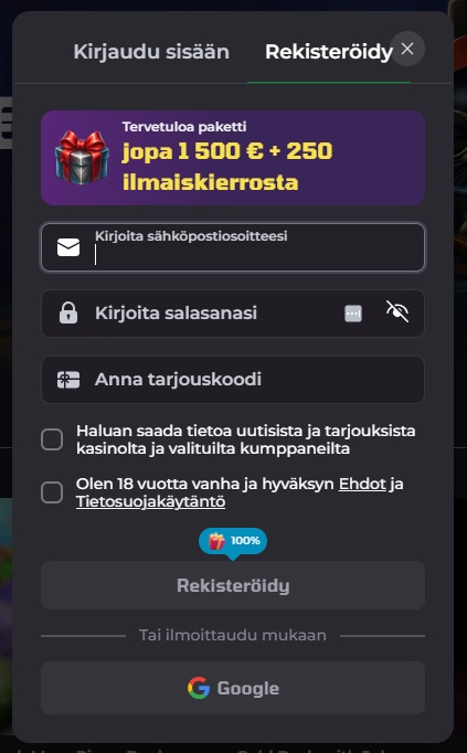 LuckyCapone Casino rekisteröinti tapahtuu nopealla lomakkeella tai Google-tunnuksilla.
