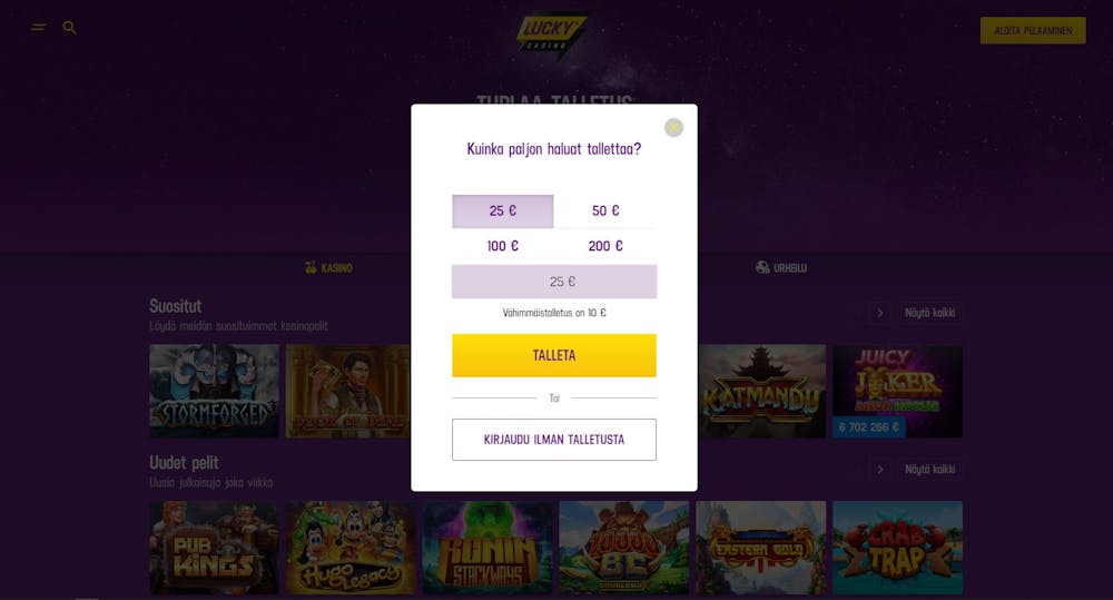 luckycasino ilmoittautumissivu