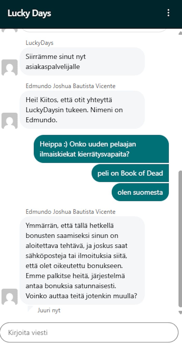 Luckydays casinon asiakastuki ja chat-keskustelu suomeksi.