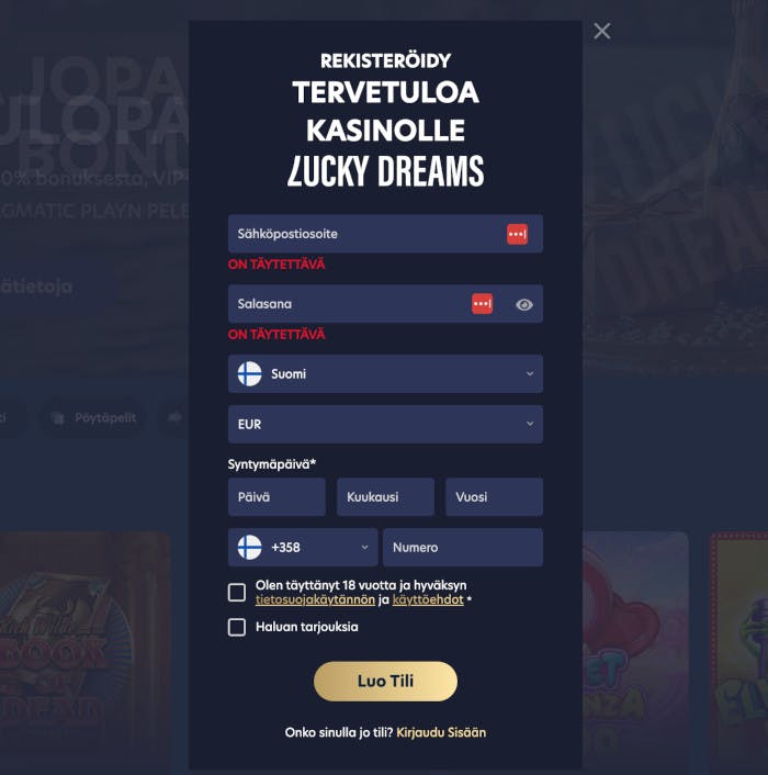 Lucky Dreams Casinolle pitää aluksi rekisteröidä tili manuaalisesti