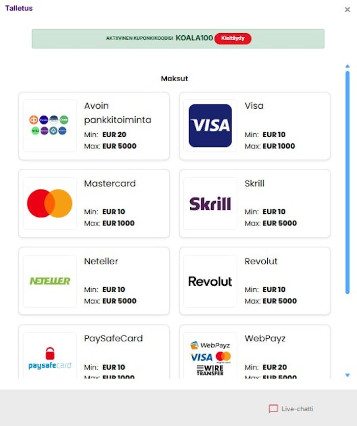 Pelitilin avaamisen jälkeen Lucky Koala kasinolla avautuva maksutapavalikoima.