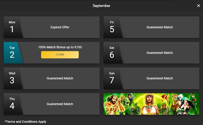 Lucky Nugget Casinon bonuskalenteri näyttää millaisia bonuksia on luvassa, kuten 100 % bonus 150 € asti.