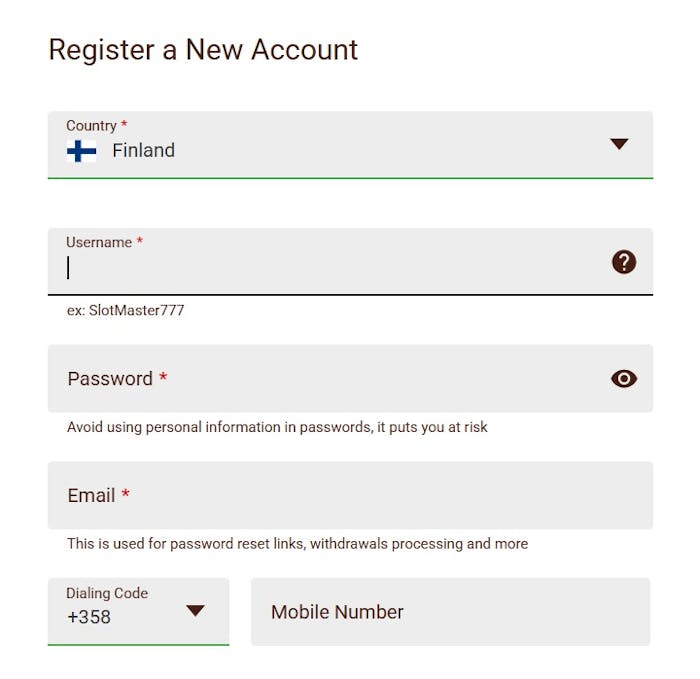 Lucky Nugget Casinolla rekisteröityminen tapahtuu lomakkeella.
