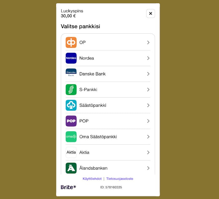 Lucky Spins Casinolla on käytössä Brite-maksut