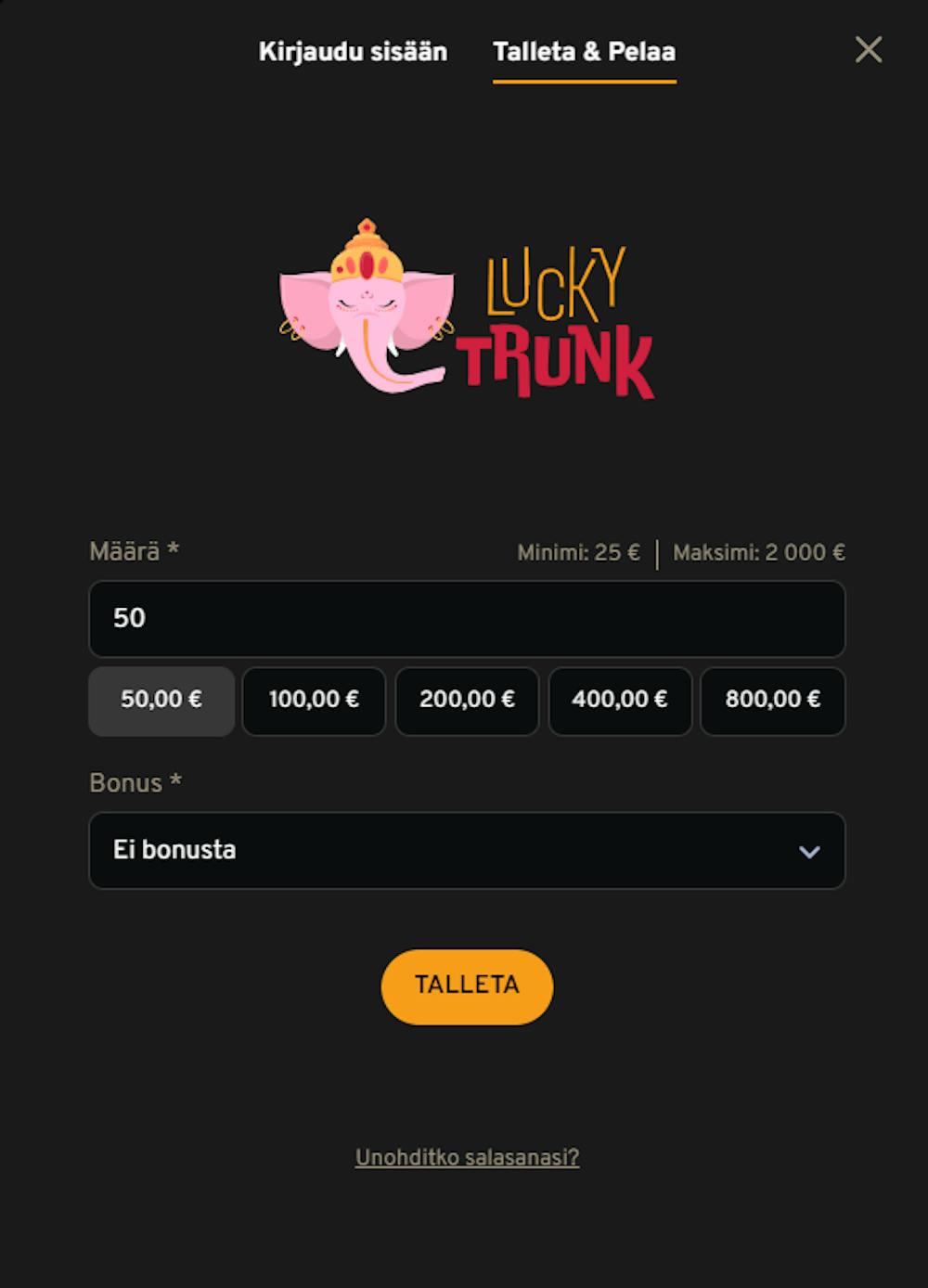 Lucky Trunk tarjoaa kolmiosaisen tervetulotarjouksen ilman rekisteröitymistä.