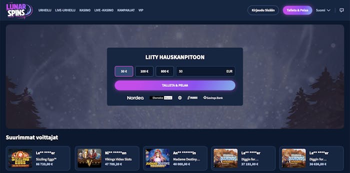 LunarSpin kasino tuo upean taivastunnelman heti kun saavut kasinolle