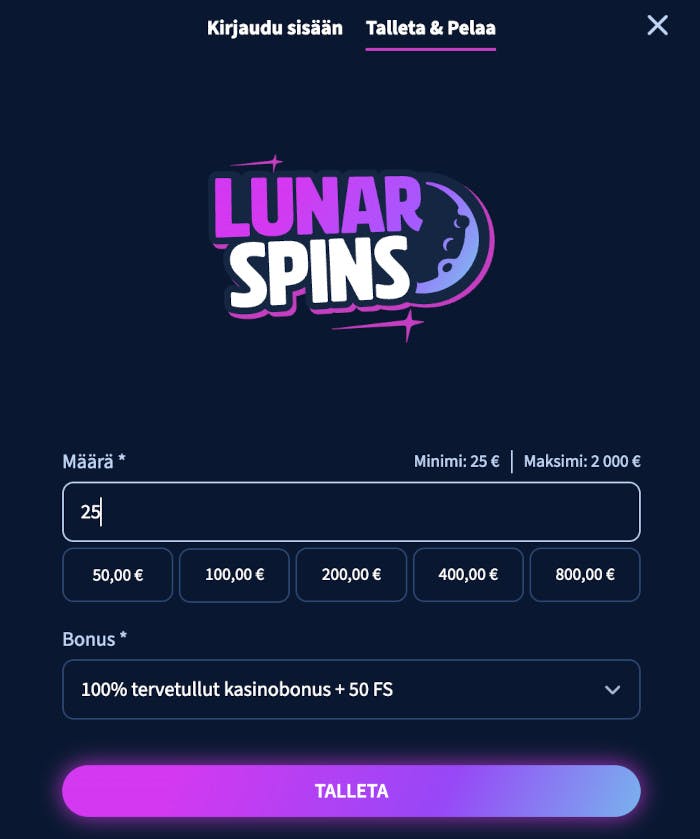 Rekister?itymislomake Lunar Spins Casinolla
