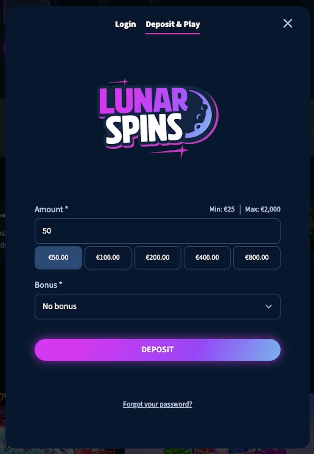 Lunar Spins kasinolla voidaan aloittaa pelaaminen nopean talletuksen avulla