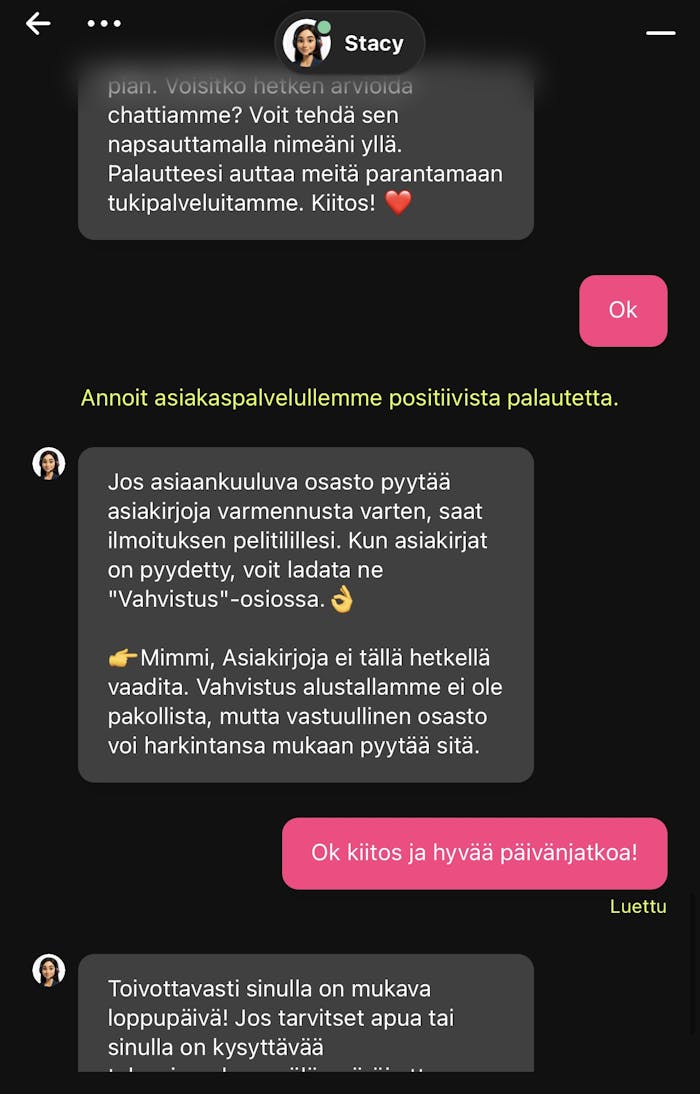 LunuBet asiakaspalvelu vastaa kysymyksiin chatissa suomeksi.