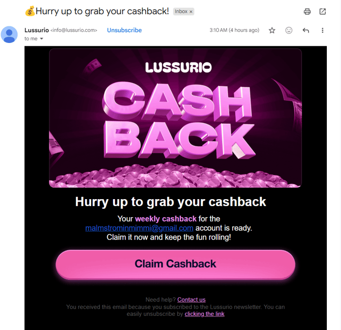 Cashbackin saaminen edellyttää markkinointipostin hyväksymistä, koska ilmoitus siitä tulee suoraan sähköpostiin.