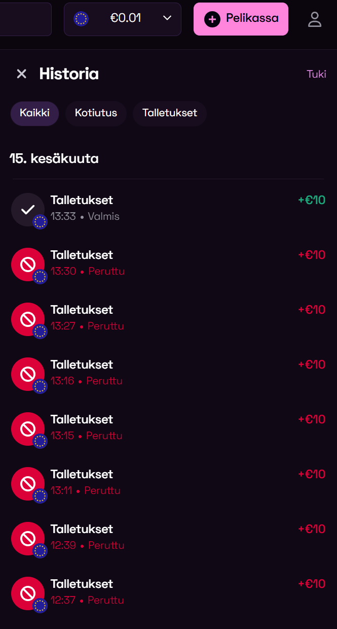 Talletukseni epäonnistui seitsemän kertaa, ja meni läpi vasta kahdeksannella.