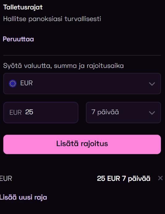 Lussario Casinolla saa asetettua talletusrajan suoraan oman tilin tiedoista.