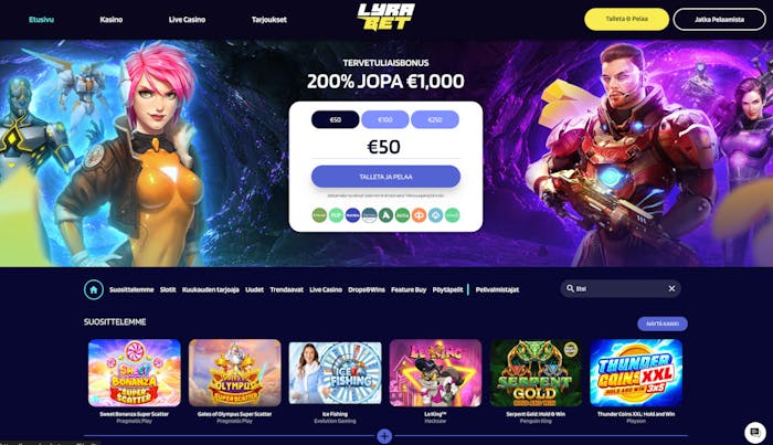 Lyrabet Casinon etusivu isolla näytöllä