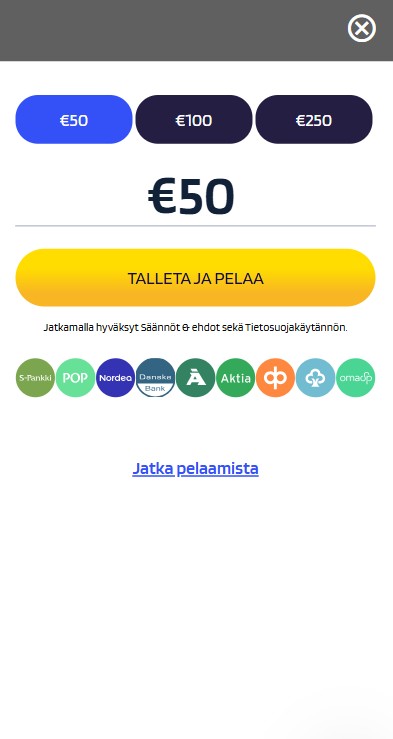 Lysa Casinon talletuslomake 50 euron talletussummalla.