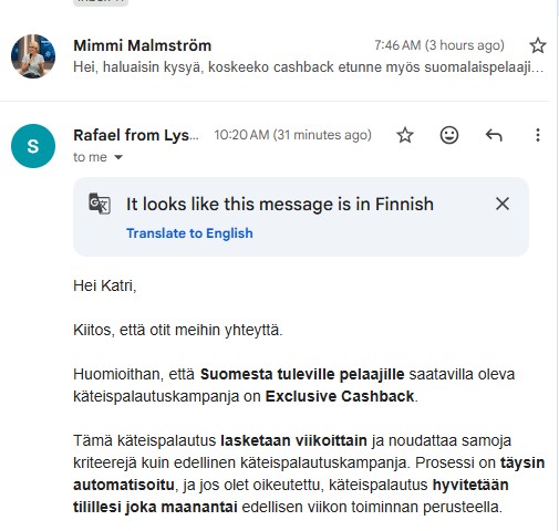 Lysa kasinon asiakastuen vastaus sähköpostitse alle 3 tunnissa.