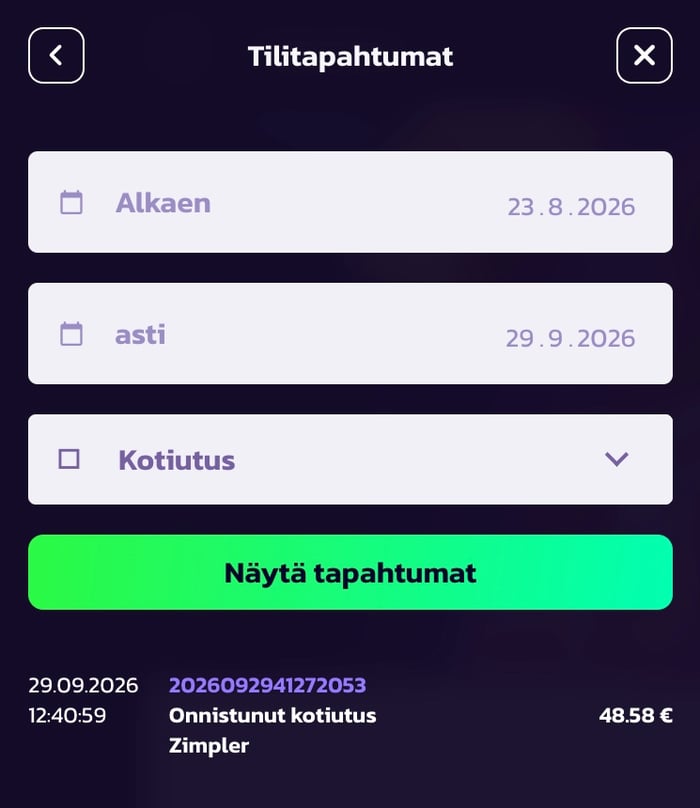 Tilitapahtumat-näkymä Pelipeto-kasinolla.