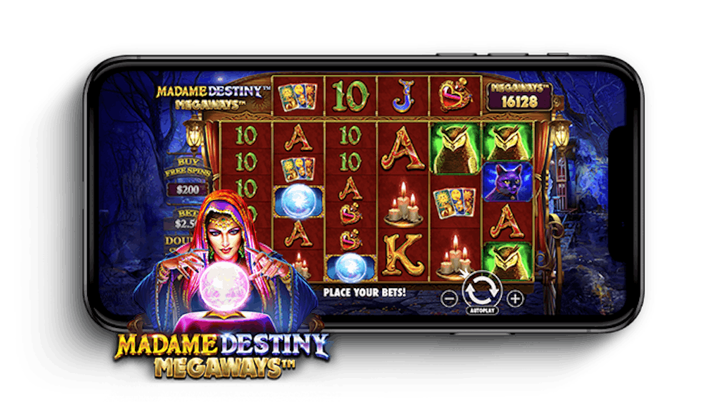 Madame Destiny Megaways -kolikkopelin peliruudukko ja logo puhelimen näytöllä.