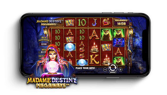 Madame Destiny Megaways -kolikkopelin peliruudukko ja logo puhelimen näytöllä.