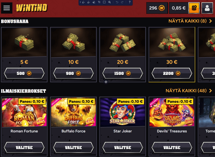 Wintino Casinon bonuskaupasta voi ostaa bonusrahaa ja ilmaiskierroksia.