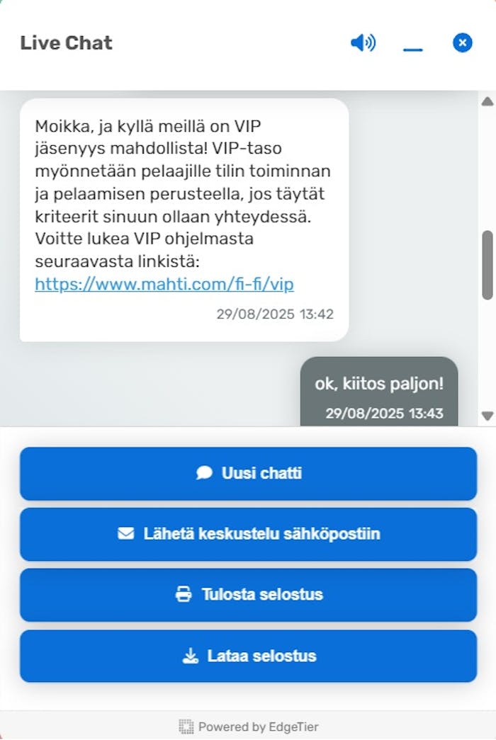 Mahti kasino live chat keskustelu VIP-ohjelmasta.
