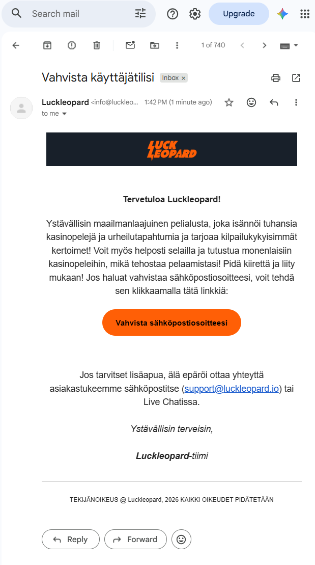 Kuvakaappaus, jossa Luck Leopard vaatii sähköpostin vahvistamista.