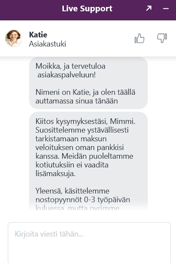 Malina Casinon asiakaspalveluchat, jossa tiedustellaan kotiutusten lisämaksuista.