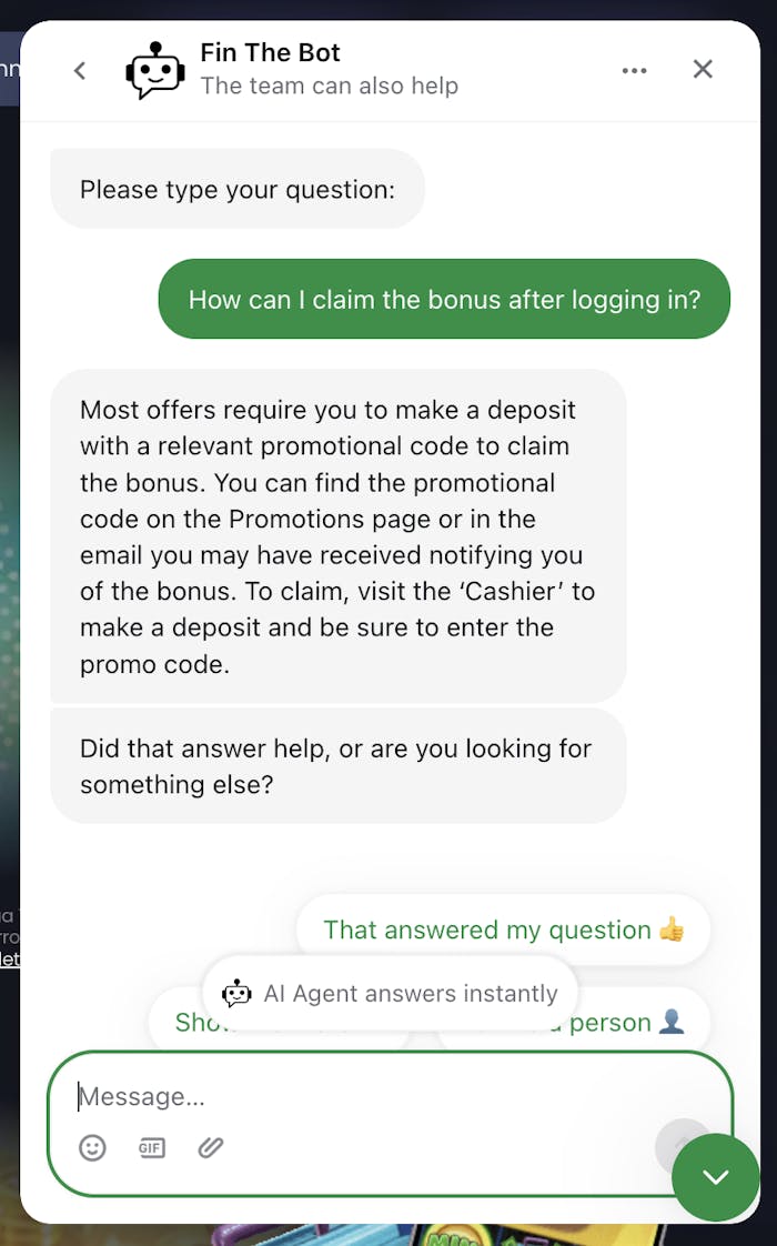 Mango Casinon live chat -palvelussa vastaa chattibotti