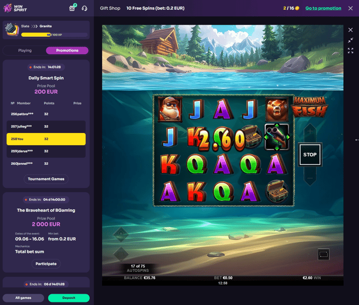 WinSpirit Casino Maximum Fish -kolikkopeli autoplay-tilassa, saldo 35,76 €, voitto 2,60 € ja panos 0,50 €.