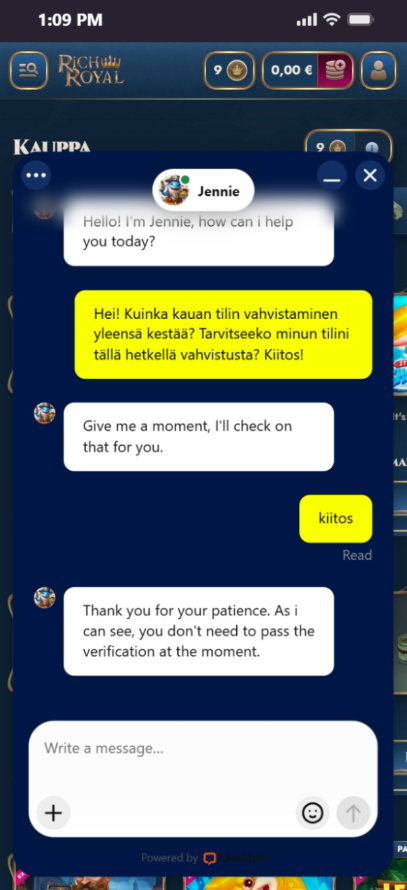 Asiakastuen englanninkieliset vastaukset Rich Royalilla.