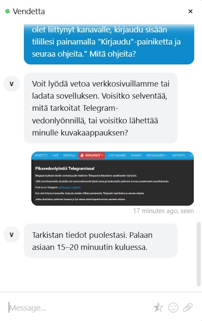 Megapari livechat keskustelu Telegram vedonlyönnistä