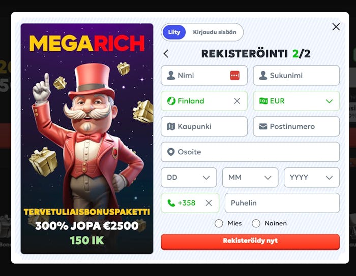 Rekisteröityminen Megarich Casinolle