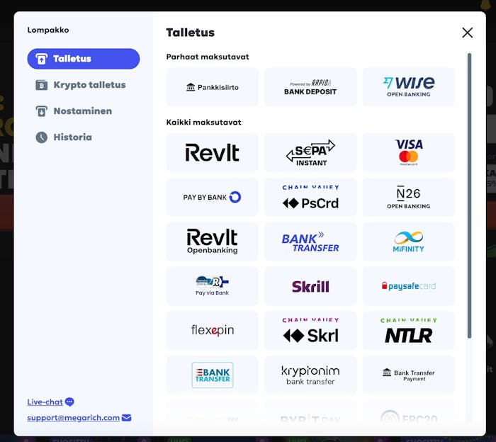 Megarich Casinon maksutavat suomalaisille pelaajille