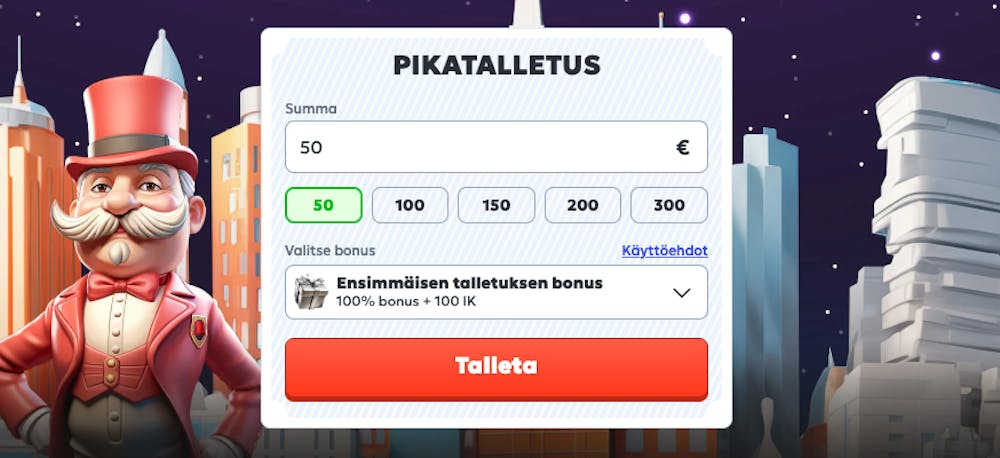 Megarich kasinolle ei tarvitse rekisteröityä, vaan voit tehdä vain talletuksen aloittaaksesi pelaamisen