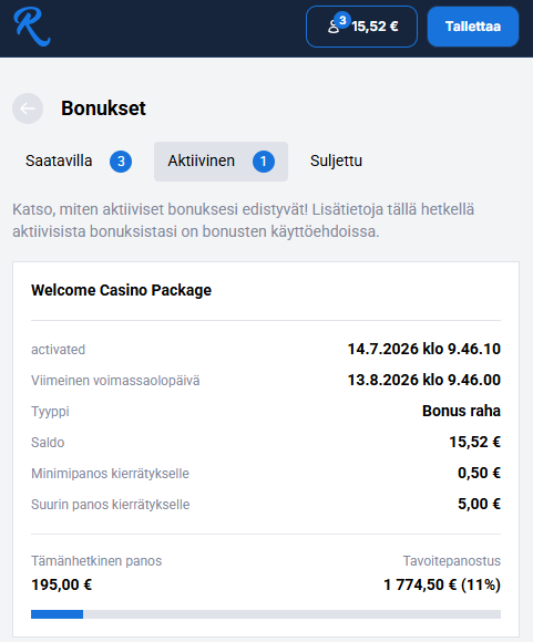 Kuvakaappaus RCasinon kierrätyksestä, kun kasinolle on panostettu 195 euroa.