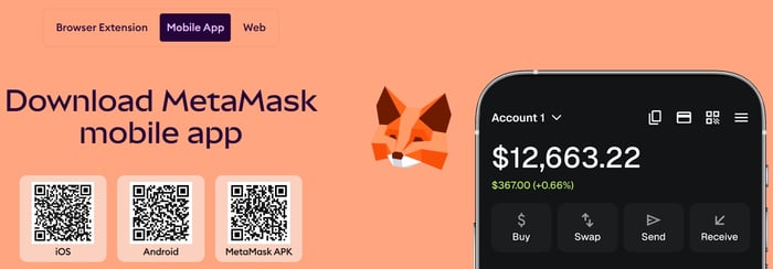 MetaMask‑lompakon mainos, jossa kehotetaan lataamaan mobiilisovellus QR‑koodeilla iOS:lle, Androidille ja APK:lle sekä puhelimen näytöllä näkyvä esimerkkisaldo ja käyttöliittymä.