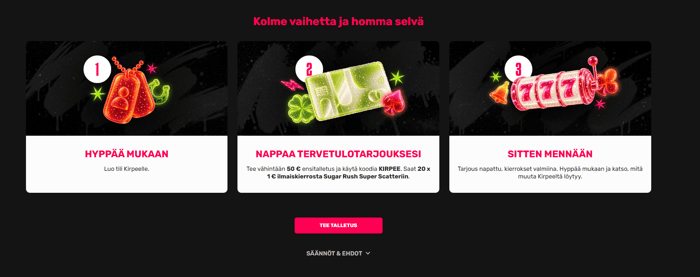 Tervetuliaisbonuksen lunastus Kirpee kasinolta.