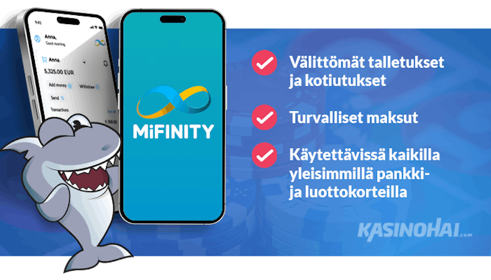MiFinityn ominaisuuksia nettikasinolla, kuten välittömät talletukset ja kotiutukset.