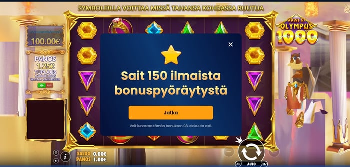 Tervetuliaisbonuksen 150 ilmaiskierrosta aktivoituna Gates of Olympus 1000 pelissä.