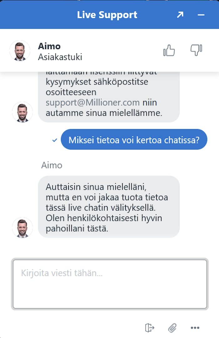 Millioner casinon asiakaspalvelu ei suostu vastaamaan kysymyksiin 