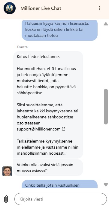 Asiakastuen vastaus lisenssitiedusteluun.