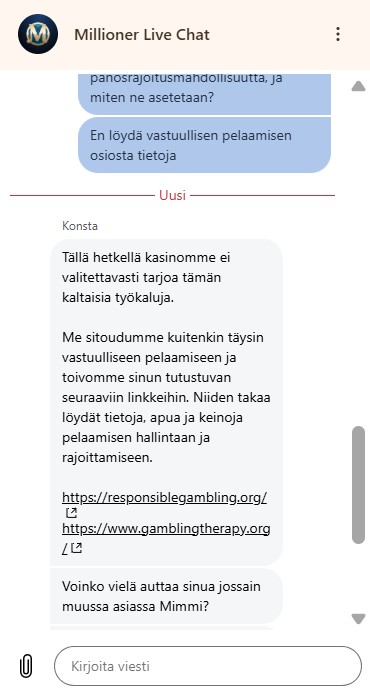 Asiakastuen vastaus pelirajoituksia koskevaan kysymykseen.