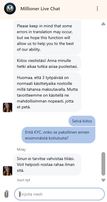 Asiakastuen vastaus KYC-tiedusteluun.