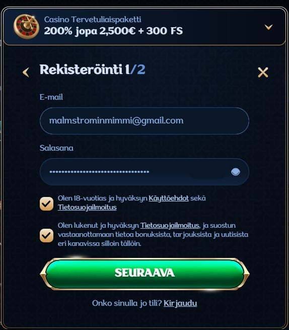 Millionerin ensimmäinen rekisteröitymislomake.