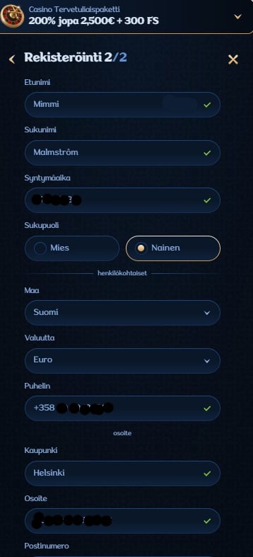 Millionerin toinen rekisteröitymislomake.