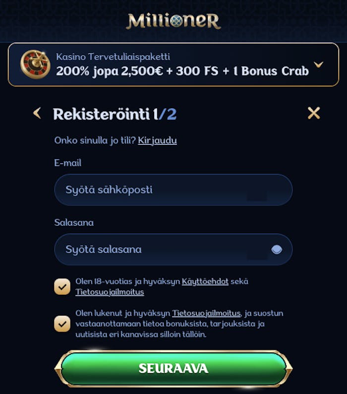 Rekisteröidy nopeasti Millioner kasinolle