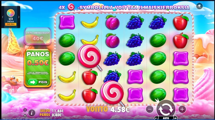 Sweet Bonanza -pelin 4,58 euron voitto.